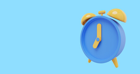 Poster - Minimal blue cartoon alarm clock, side view . 3D rendering. Icon on blue background, space for text.