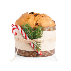 Wall Mural - Tasty Panettone with Christmas decor on white background