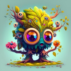 Cartoon Fantasy Tree Forest Monster Standing,Wood Body Painting and Leaf Headed Wood Monster fairy tale character,Very Cool,Can Be Used For Various Kinds Of Printables