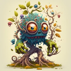 Wall Mural - Cartoon Fantasy Tree Forest Monster Standing,Wood Body Painting and Leaf Headed Wood Monster fairy tale character,Very Cool,Can Be Used For Various Kinds Of Printables