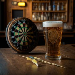 Poster -  a dart and a glass of beer on a table with darts in the background and a dart in the foreground. Generative AI