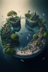  a floating island with a lot of birds flying around it and a tree on top of it in the middle of the water. Generative AI