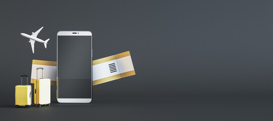 Aufkleber - Creative online tour booking concept. Empty mock up smartphone screen with abstract suitcases, airplanes and tickets on wide black background. 3D Rendering.