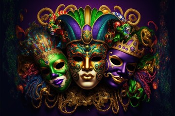 Sticker -  a group of colorful masks with a purple background and a purple background with a green mask and a purple mask. generative ai