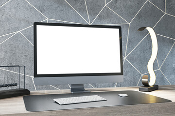 Aufkleber - Close up of luxury designer desk top with empty white computer monitor, various items and light concrete wall. Mock up, 3D Rendering.