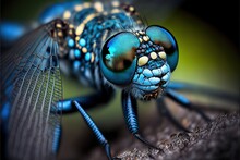 A Close Up Of A Blue Dragonfly On A Rock With Wings Spread Out And Eyes Closed.