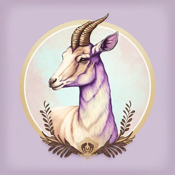  a goat with a horned head and a laurel around it's neck is shown in a circle with a purple background. Generative AI