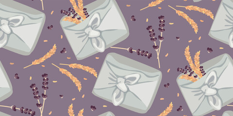 A pattern of Korean traditional gifts. A collection of various happy bags. Vector illustration of elements related to the Lunar New Year or Chusok. Gifts with decorations on a purple background.