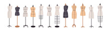 Tailors Mannequins Set. Sewing Dummies, Women Torso, Body For Fashion Design, Dressmaking. Female Manikins, Fabric And Metal Figures On Stands. Flat Vector Illustrations Isolated On White Background