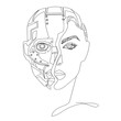 Artificial intelligence concept.Head of robot with half of female face Liner vector illustration.Future technology and machine.Electronic circuit connection.Smart cyber mind education.Black and white 
