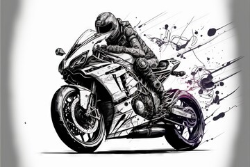  a drawing of a motorcycle with a rider on it's back tire and a splash of paint on the side. Generative AI