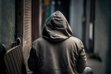  A Person Sitting On A Bench In A Alley Way With A Hoodie On And A Back To The Camera.