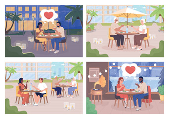Poster - Celebrating important date flat color vector illustration set. Romantic dinner. Couple at restaurant. Vacation together. Fully editable 2D simple cartoon characters pack with cityscape on background