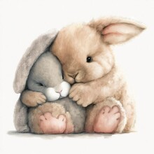  A Painting Of A Bunny Hugging A Stuffed Animal Rabbit With A White Background And A White Background Behind It.