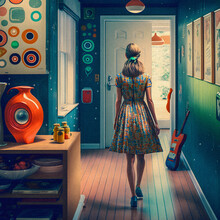 Woman In A Mod Retro Dress And Boots Walking Away, Vintage Knick Knacks And Decor, Granular Texture Illustration