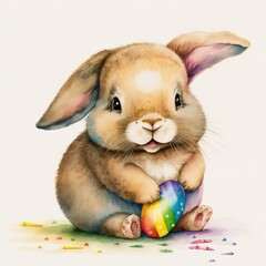 Wall Mural -  a painting of a bunny holding a colorful easter egg with confetti on the ground around it's feet. generative ai