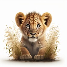  A Baby Lion Cub Sitting In A Field Of Grass With Its Eyes Open And Looking At The Camera With A White Background.