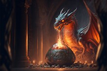  A Dragon Is Sitting In A Bowl With A Flame In It's Mouth And It's Wings Spread Out. Generative AI