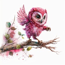  A Pink Owl Sitting On A Branch With Leaves And Branches Around It.