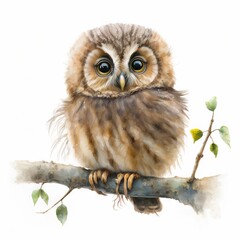 Wall Mural -  a small owl sitting on a branch with leaves on it's back legs and eyes wide open. Generative AI