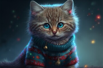 Cute cat in Christmas sweater or ugly Christmas sweater, winter holiday background