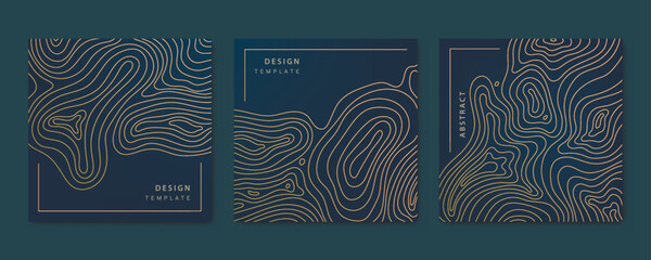 Wall Mural - vector set of wavy luxury line cards, golden dynamic square posts, design template. topographic map 