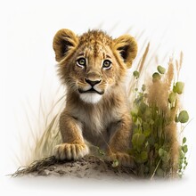  A Lion Cub Sitting On A Rock Next To A Plant And Grass With A White Background And A White Background.