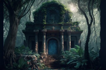 Poster -  a fantasy house in the middle of a forest with a blue door and steps leading to it and a staircase leading up to it. Generative AI