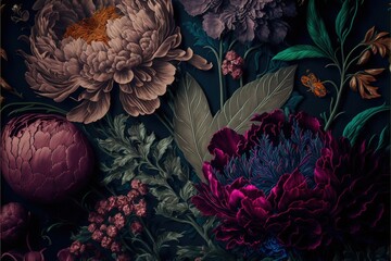 Wall Mural - Baroque flowers in rich deep colors, peonies on dark background