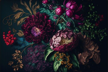 Wall Mural - Baroque flowers in rich deep colors, peonies on dark background