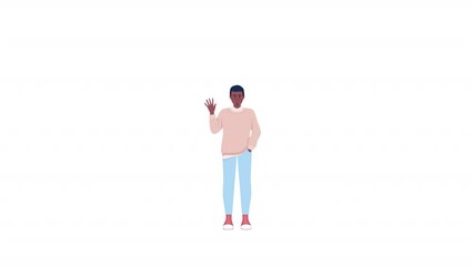Poster - Animated character greets in English. Friendly young man. Full body flat person on white background with alpha channel transparency. Colorful cartoon style HD video footage for animation