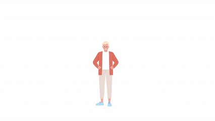 Poster - Animated saying hello character. Young man greeting in German. Full body flat person on white background with alpha channel transparency. Colorful cartoon style HD video footage for animation