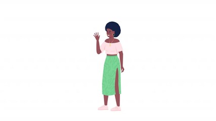Poster - Animated greeting woman character. Female waving hand. Full body flat person on white background with alpha channel transparency. Colorful cartoon style HD video footage for animation