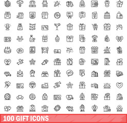 Sticker - 100 gift icons set. Outline illustration of 100 gift icons vector set isolated on white background