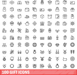 Wall Mural - 100 gift icons set. Outline illustration of 100 gift icons vector set isolated on white background