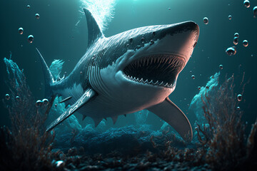 Great White Shark under the water in the blue ocean. Underwater illustration, shark illustration