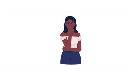 Poster - Animated thinking woman. Unsure lady. Feeling confused. Full body flat person on white background with alpha channel transparency. Colorful cartoon style HD video footage of character for animation