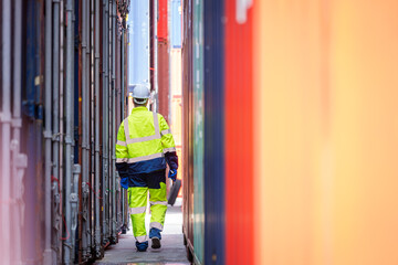 Poster - Workers working at containers inside the warehouse,Logistic and business export,Industrial Container yard for Logistics oversea import export shipping business.