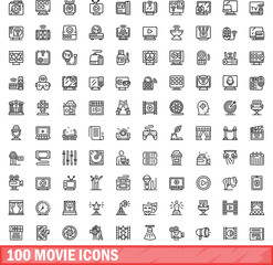 Sticker - 100 movie icons set. Outline illustration of 100 movie icons vector set isolated on white background