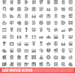 Poster - 100 movie icons set. Outline illustration of 100 movie icons vector set isolated on white background