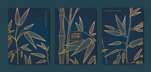 Vector japanese leaves, bamboo patterns. Floral golden elements template in vintage style. Luxury black line covers, flyers, brochures, packaging design, social media post, banners