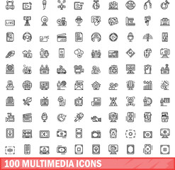 Poster - 100 multimedia icons set. Outline illustration of 100 multimedia icons vector set isolated on white background