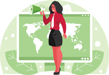 Poster - Businesswoman with megaphone. Confidence woman using megaphone speak out loud to be heard in public. World map on computer display. Vector graphics