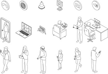 Poster - Video call icons set. Isometric set of video call vector icons for web design isolated on white background outline