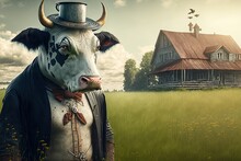 Anthropomorphic Cow As A Farmer. Generative AI