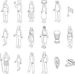 Poster - African people icons set. Isometric set of african people vector icons for web design isolated on white background outline