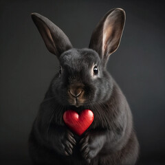 Wall Mural - A black fluffy rabbit with long ears holds a red heart in its paws on a black background. Generative AI, generative artificial intelligence