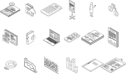Poster - Report icons set. Isometric set of report vector icons for web design isolated on white background outline