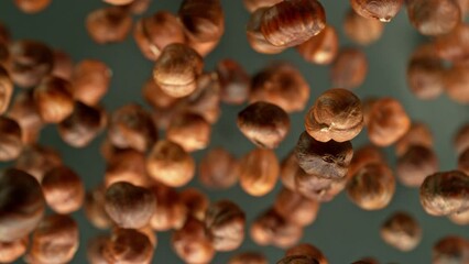 Poster - Super slow motion of rotating hazelnuts up to the air. Filmed on high speed cinema camera, 1000fps, placed on high speed cine bot. Speed ramp effect.