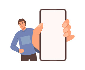 Man with smartphone in hand show empty display. Vector male person hold screen showing something, vector illustration. Guy with cellphone or mobile phone in hand, cartoon character